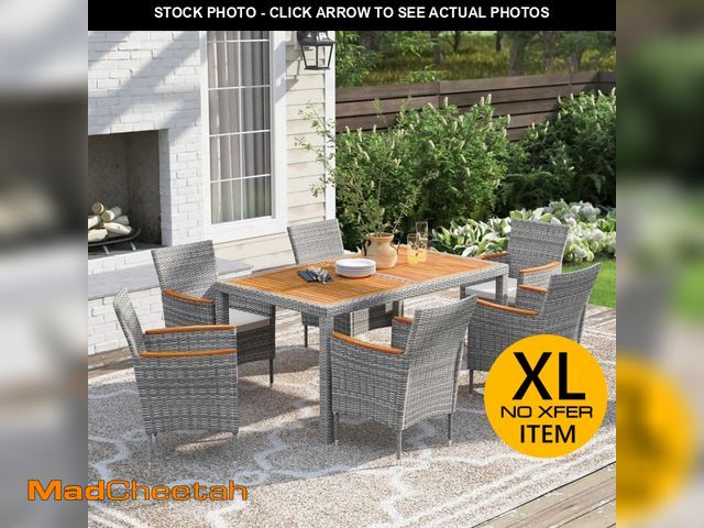 Lot 74-14252043 - 7-Piece Acacia and Wicker Outdoor Dining Set with Beige Cushions, Gray - UNUSED