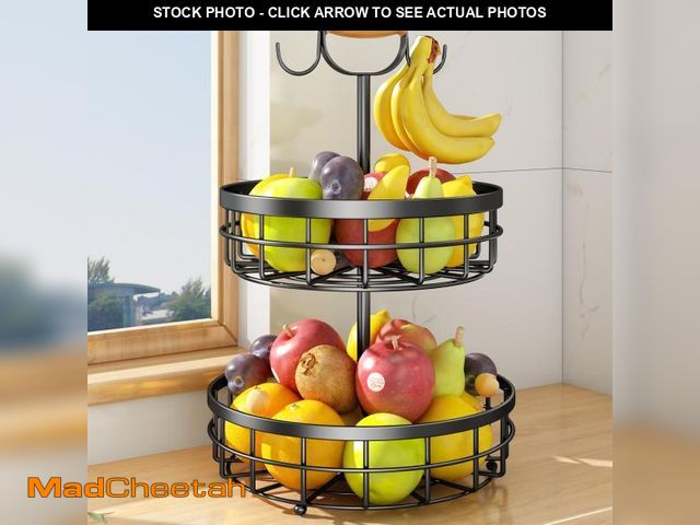 Lot 74-12312580 - SAYZH 2-Tier Fruit Basket Bowl Vegetable Storage with Dual Banana Tree Hanger and Wood Lift Handle, ...