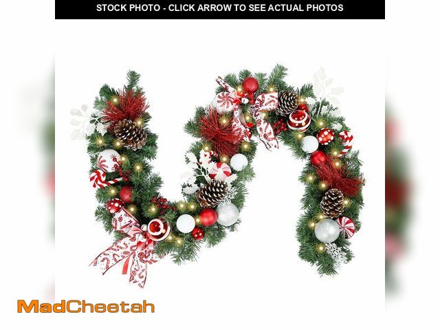 Lot 74-13330533 - WBHome Pre-lit 6 Feet/72 Inch Decorated Christmas Garland, Red &amp; White Lighted Garland with 35 L...