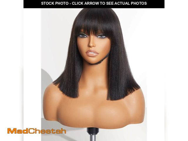 Lot 74-14210997 - LUVME HAIR 14 Inch Light Yaki Straight Bob Wig with Bangs Human Hair Realistic HD Lace Short Black B...