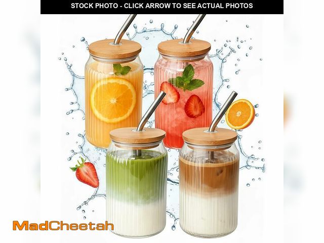 Lot 74-13539497 - 4 Packs Ribbed Glass Tumbler with Lid and Straw 16 oz Cute Ice Coffee Cup Set for Smoothie Juice Mat...