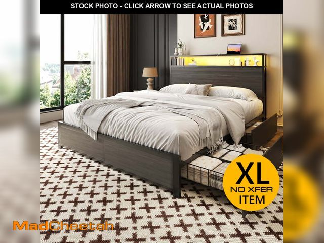 Lot 74-13641023 - Fluest Full Bed Frame with 2-Tier Storage Headboard, USB Port and LED Light, 4 Storage Drawers, Grey...