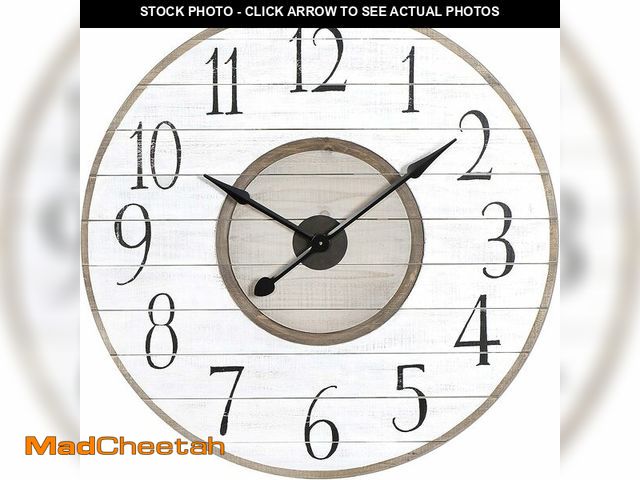 Lot 74-12365862 - Creative Co-Op Round Wood Slat Wall Clock with Distressed Finish, White and Brown - USED