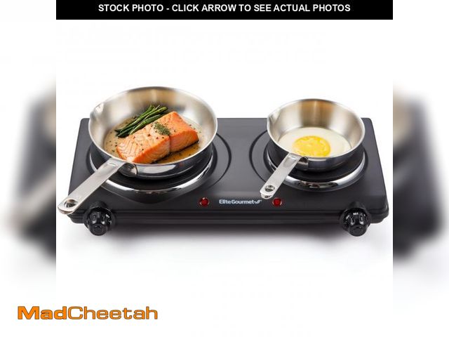 Lot 74-12048928 - Elite Gourmet EDB-302BF# Countertop Double Cast Iron Burner, 1500 Watts Electric Hot Plate, Temperat...