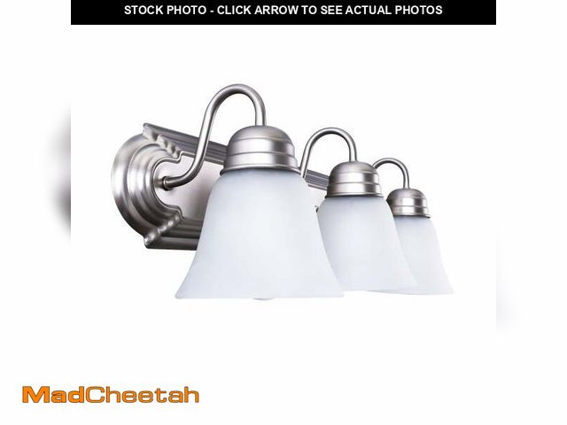 Lot 74-12857604 - (MISSING HARDWARE) Mainstays 20" Traditional 3-Head Vanity Lights, Glass Shades, Satin Nickel A19 Bu...