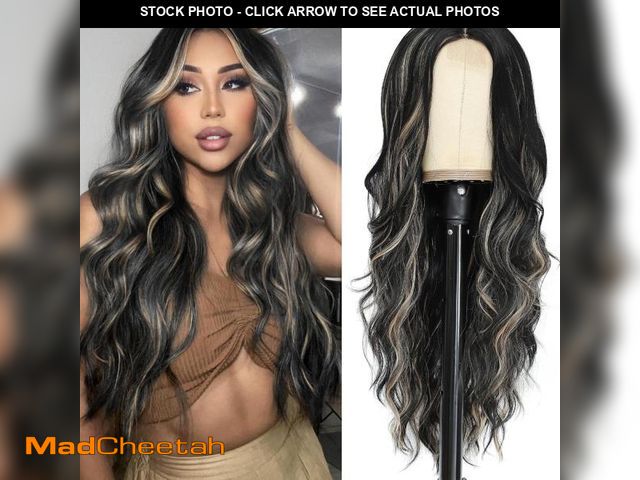 Lot 74-12051105 - NAYOO Long Black Mixed Blonde Wavy Wig for Women 26 Inch Middle Part Curly Wavy Wig Natural Looking ...
