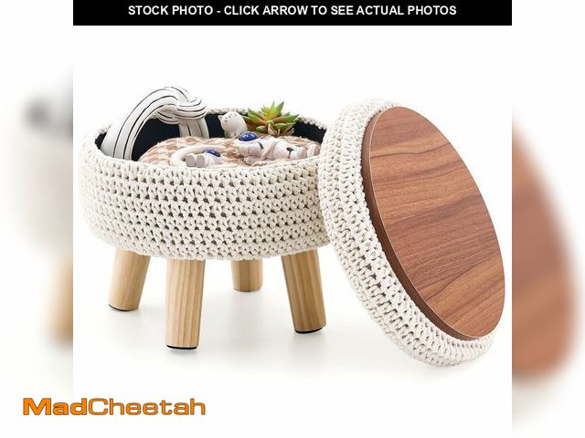 Lot 74-12455829 - LGENHOOM Round Storage Ottoman Foot Rest Cotton Braided Foot Stool Pouf Ottoman with Solid Wood Legs...