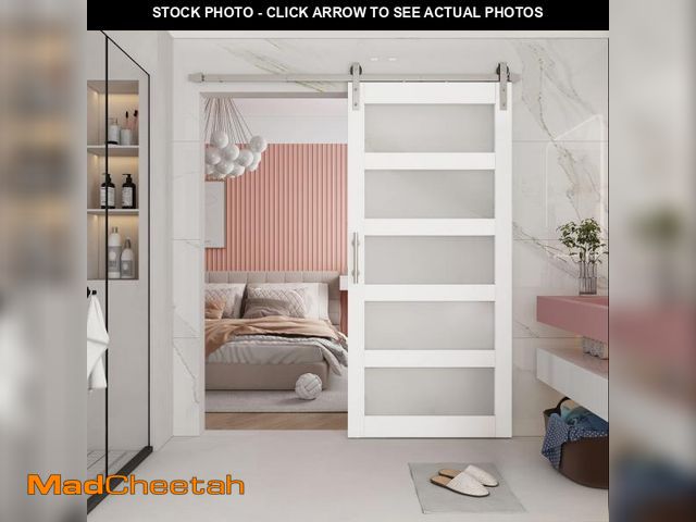 Lot 74-12205603 - BARNSMITH 36in x 84in Glass Barn Door with 6.6FT Brushed Nickle Sliding Door Hardware Kit Included &...