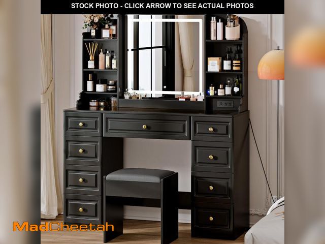 Lot 74-12515539 - Arulvmrn 42" Makeup Vanity Desk with Mirror and Lights, &amp; Power Outl, Glass Top Big Vanity Table...