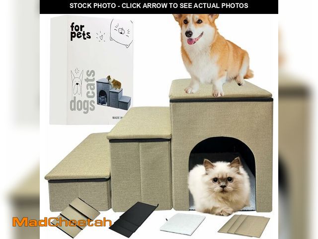 Lot 74-10823799 - FUVLFAL 3 Step Foldable Dog Stairs &amp; Steps for Small Medium or Large Dogs, Dog/Cat Stairs with A...