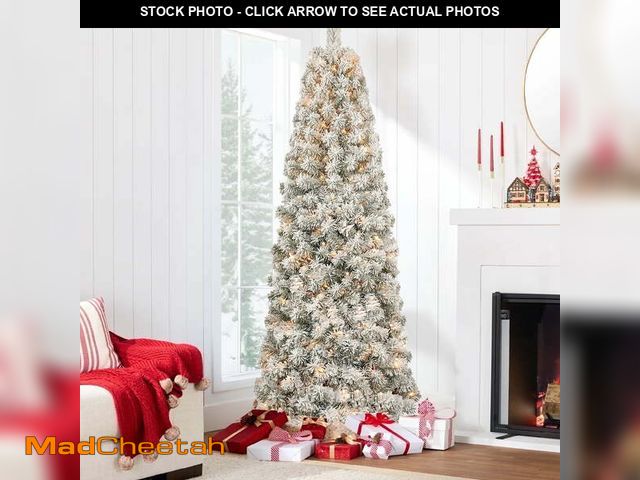 Lot 74-12832954 - JUSTLET 7.5FT Pre-Lit Snow Flocked Pencil Christmas Tree Hinged Slim Corner Tree with 250 Warm LED L...