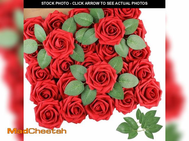 Lot 74-13947327 - AmyHomie 25pcs Real Looking Artificial Red Roses w/Stem for DIY Wedding Bouquets Centerpieces Arrang...