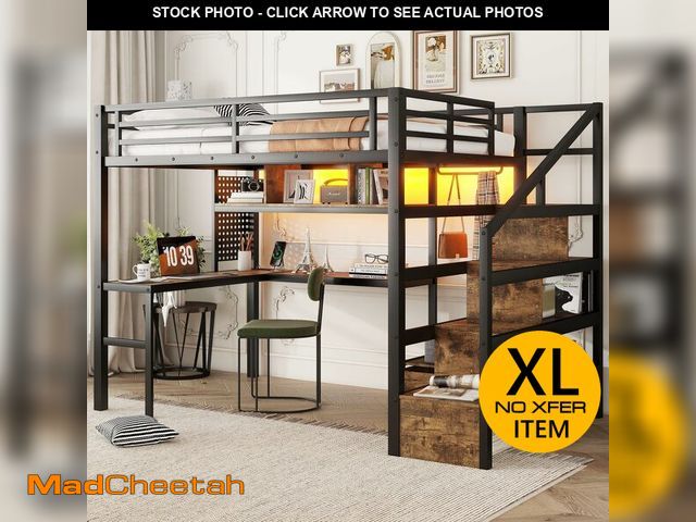 Lot 74-13094999 - Duxelifin Full Size Loft Bed with Stairs, Metal Loft Bed Frame with Desk, Storage Shelves and Wardro...