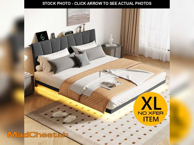 Lot 74-13682833 - Neche Floating Upholstered Twin Full Queen King Platform Bed Frame with LED Lights, Charging Station...