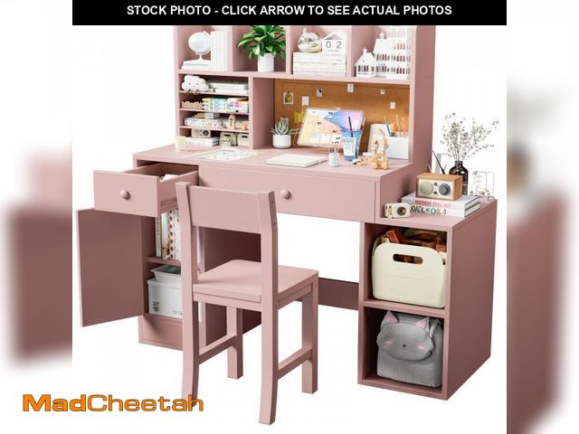 Lot 74-12494323 - (MISSING HARDWARE) RUPOLX Pink Wooden Kids Desk and Chair Set,Kids Study Desk with 2 Drawers &amp; 4...