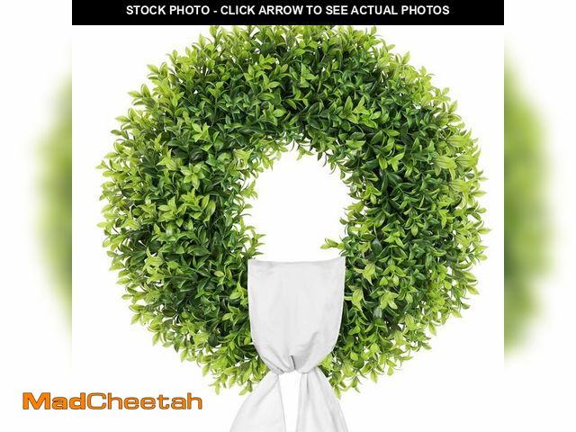 Lot 74-14430434 - petalyn 22 Inch Artificial Boxwood Wreaths for Front Door with Sash Outdoor Summer Wreath for Front ...