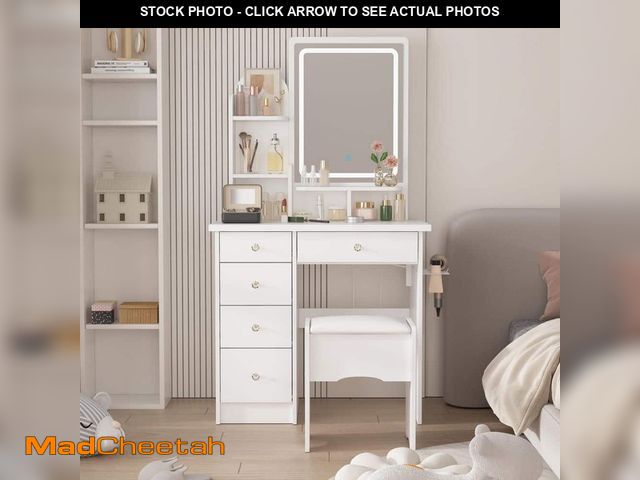 Lot 74-12584685 - *DIRTY* FUFU&amp;GAGA 5-Drawers White Makeup Vanity Sets Dressing Table Sets With Stool, LED Lighted...
