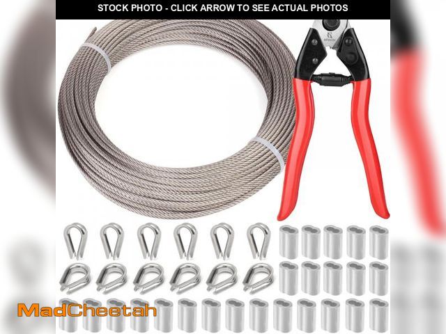 Lot 74-12432396 - AFences 1/8 Inch Stainless Steel Cable 100FT - 7x7 Strand Aircraft Wire Rope with Loop Sleeve &amp; ...