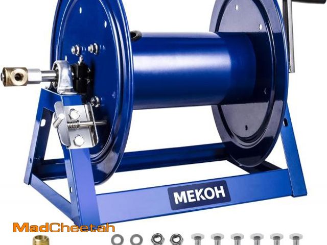 Lot 74-12508647 - (BENT) MEKOH Pressure Washer Hose Reel 3/8"x350ft, 1/4"x455ft, 5000PSI Hand Crank Hose Reel for Powe...