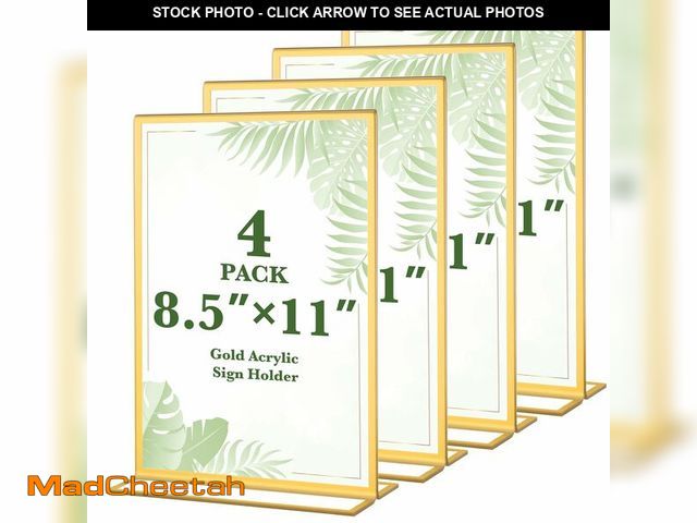 Lot 74-14144399 - Alffun 4 Pack 8.5x11 Inch Gold Acrylic Sign Holders, Double Sided Vertical Stand Clear Picture Frame...