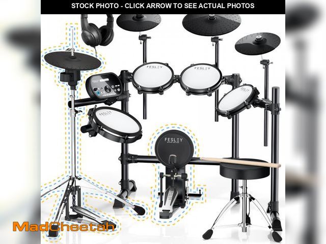 Lot 74-12429962 - Fesley Electric Drum Set, Electronic Drum Set with 4 Quiet Mesh Drum Pads, Independent HiHat and Kic...