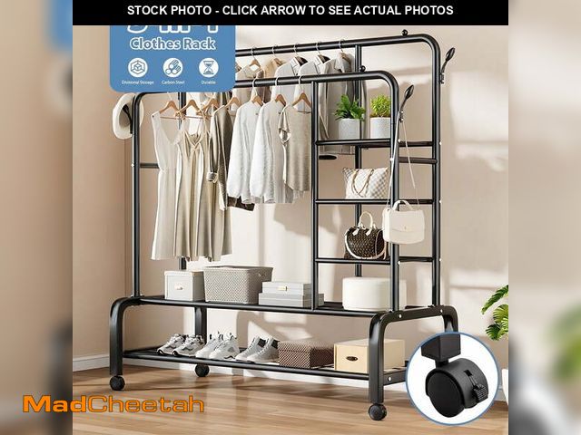 Lot 74-12680031 - ALSO GO 3-In-1 Double Rod Clothes Rack with 4-Shelf, Metal Clothing Rack with Wheels &amp; 4 Hooks, ...