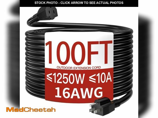 Lot 74-12697114 - 16/3 10A 125V 1250W 100 Ft Outdoor Extension Cord Waterproof, Weatherproof &amp; Flame Retardant Bla...