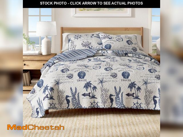 Lot 74-12531585 - Navy Coastal Quilt Bedding Set, Summer Coastal Quilt with Shams, Beach 3-Piece Reversible All Season...
