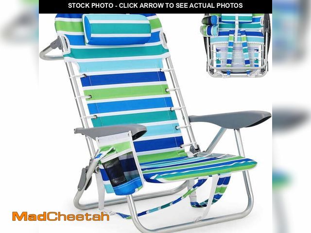 Lot 74-14586463 - Riedhoff Portable Beach Chair with Adjustable Backrest and Cup Holders- 1 Unit, Ocean Striped - UNUS...
