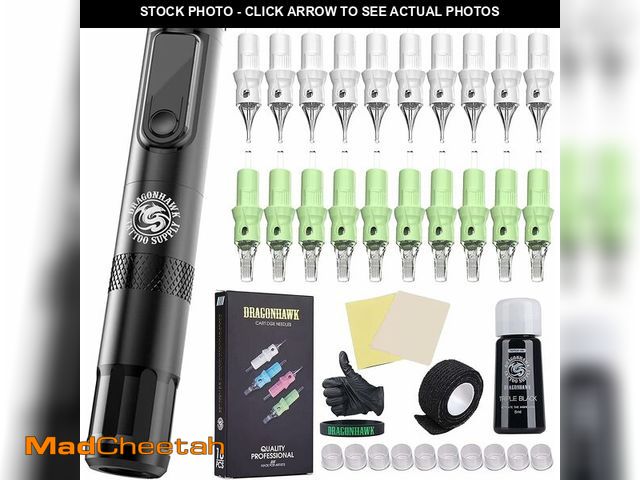 Lot 74-10823399 - (MISSiNG ACCESSORIES) Dragonhawk X4 Tattoo Pen Kit Wireless Tattoo Machine Gun Kit Tattoo Cartridges...