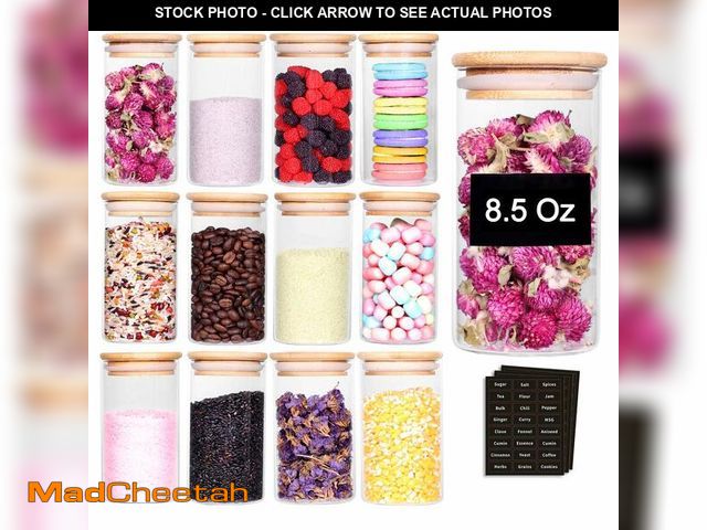 Lot 74-14433018 - Tzerotone 12 Pcs Glass Spice Jars - 8.5oz Empty Small Glass Bottles with Bamboo Airtight Lids and La...