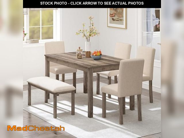Lot 74-12200212 - Zevemomo 6-Piece Solid Wood Dining Table Set, Including 1 Dining Table, 4 Upholstered Chairs and 1 B...