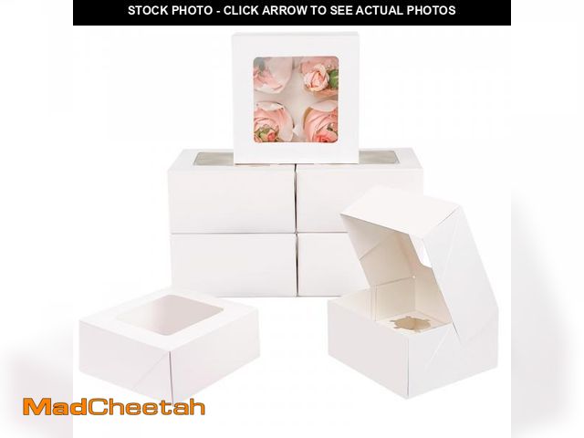Lot 74-12312010 - qiqee Auto-pop Up 4 Cupcake Boxes with Window White 30 Packs Cupcake Box 6.3"x6.3"x3" Bakery Boxes F...