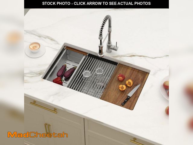 Lot 74-12640772 - LORDEAR 33 in. Drop In Workstation 16-Gauge Stainless Steel Single Bowl Undermount Kitchen Sink with...