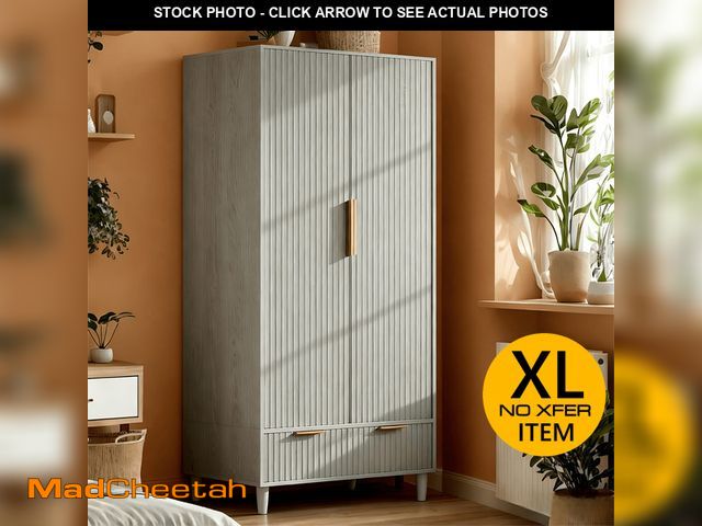 Lot 74-13742764 - Ktaxon Fluted Wardrobe Closet Armoire with Hanging Rod, Modern Drawer &amp; Shelf â Elegant Gray F...