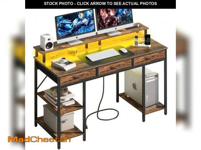 Lot 74-12151492 - Yoobure Computer Desk with Drawers, Office Desk with LED Lights &amp; Outlets, Small Desk with Stora...