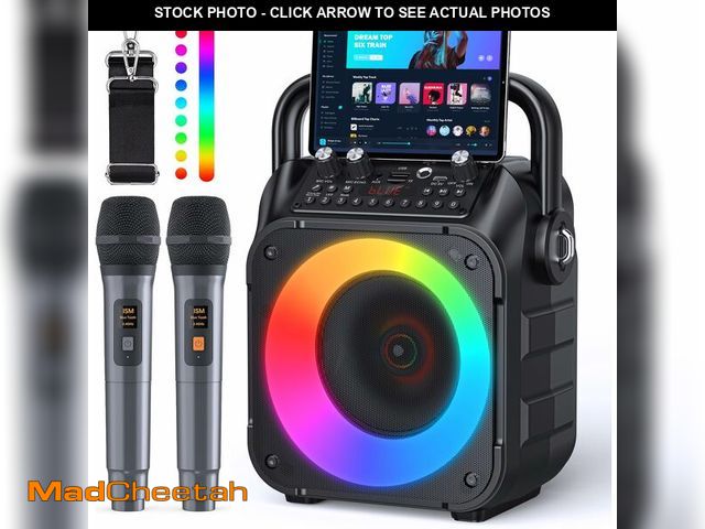 Lot 74-12713586 - Karaoke Machine, Portable Bluetooth Speaker with 2 Wireless Microphones for Adults &amp; Kids with L...