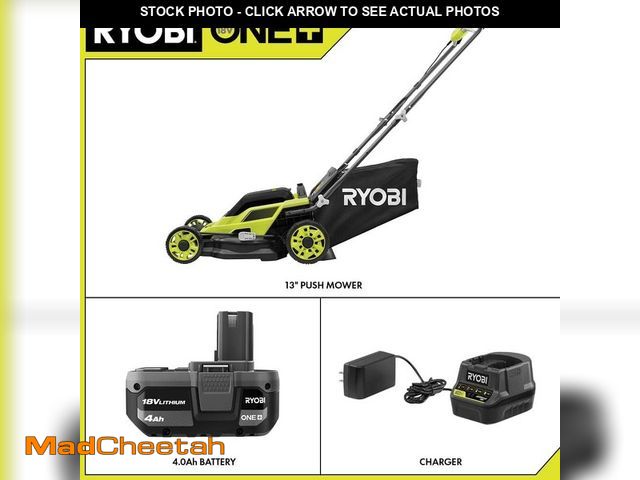 Lot 74-13663148 - RYOBI ONE+ 18V 13 in. Cordless Battery Walk Behind Push Lawn Mower with 4.0 Ah Battery and Charger -...