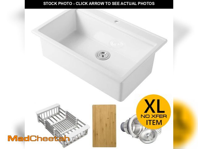 Lot 74-14362329 - AKDY White Fireclay 33 in. Single Bowl Drop-in Mount Workstation Kitchen Sink with Basket Strainer -...