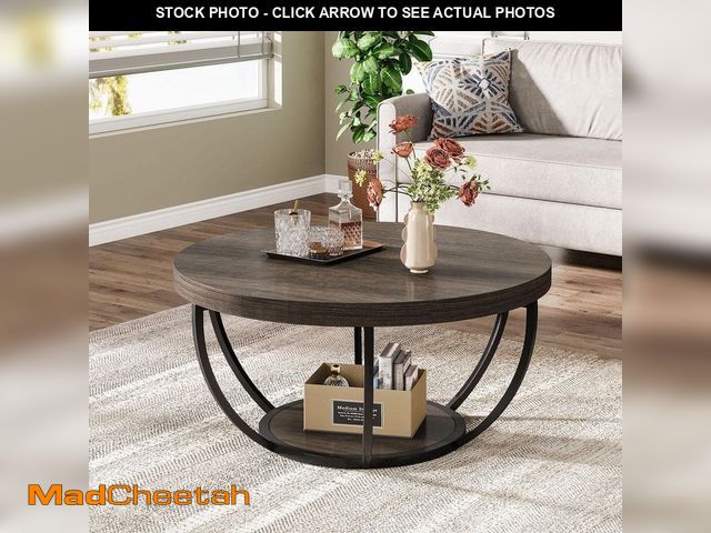 Lot 74-12746449 - BYBLIGHT Allan 31.7 in. Gray Round Wood Coffee Table with Storage Shelf, Industrial Center Table for...