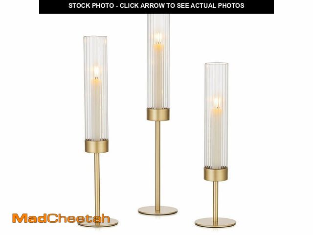 Lot 74-14048693 - Hewory Gold Hurricane Candle Holders: Brass Candlestick Holders Set of 3 Tall Taper Candle Holders f...