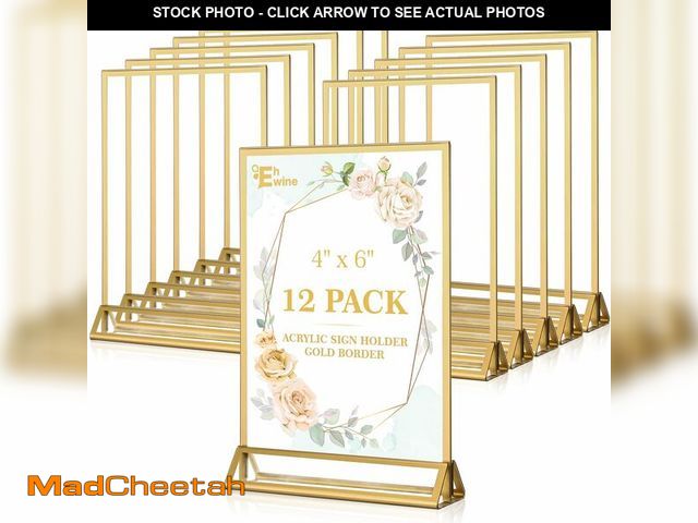 Lot 74-12971630 - EHWINE 12 Pack Acrylic Sign Holder 4 x 6, Double Sided Gold Picture Frame Stand up Table Top Sign Ho...