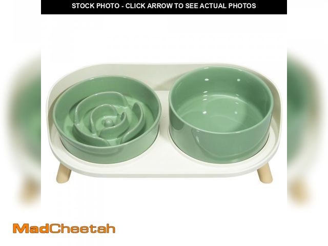 Lot 74-12306043 - Elevated Slow Feeder Dog Bowls - Ceramic Food and Water Bowl Set with Stand - Raised Pet Dishes for ...