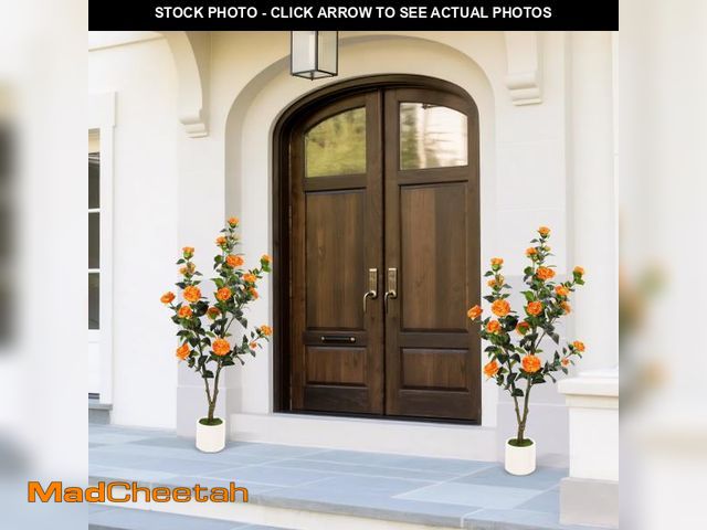 Lot 74-12511581 - Anyact 4FT Artificial Orange Camellia Tree with White Pot,Faux Floral Blooming Plant  for Indoor Out...