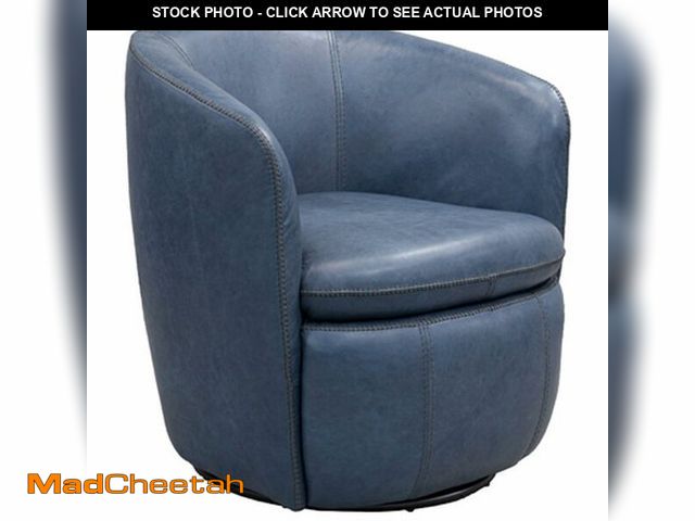 Lot 74-13012054 - Benjara Niko Swivel Accent Chair, Round Barrel Design, Blue Top Grain Leather - UNUSED