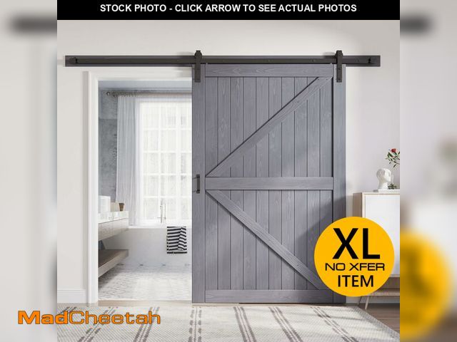 Lot 74-12786211 - FREDBECK 54in x 84in Gray Wood Barn Door Slab with 9ft (108inch) Barn Door Hardware Track Kit Includ...