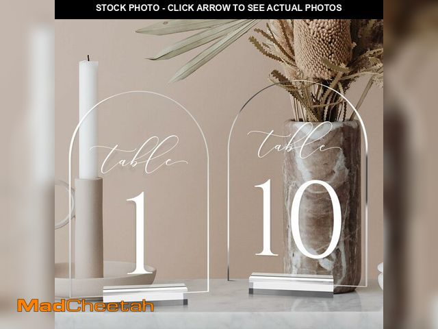 Lot 74-13992298 - JINMURY Clear Arch Table Numbers for Wedding, 5x7 Inch Arched Acrylic Table Numbers 1-10 with Stands...