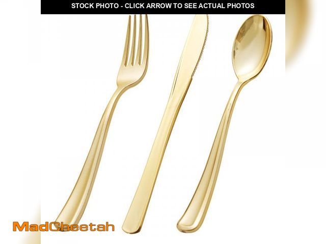 Lot 74-12304505 - BUCLA 600 Pieces Gold Plastic Silverware - Disposable Gold Utensils - Heavyweight Plastic Cutlery se...