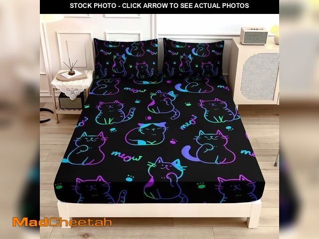 Lot 74-12718225 - UEVBF 3D Neon Cat Sheets Full Size Bed Set,Gradient Line Kawaii Cat Fitted Sheet Set for Teens Kids ...