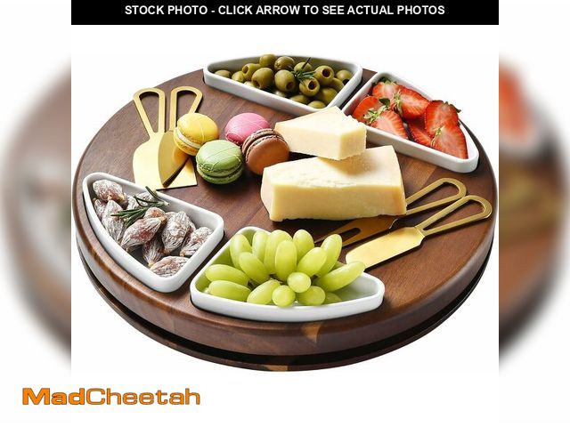Lot 74-12806855 - Shanik Upgraded Lazy Susan Cheese Cutting Board Set - Round Acacia Charcuterie Board With 4 Ceramic ...